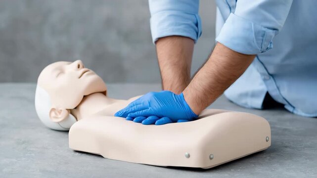 Static shot of instructor performing chest compressions on cpr manikin on table in medical training room