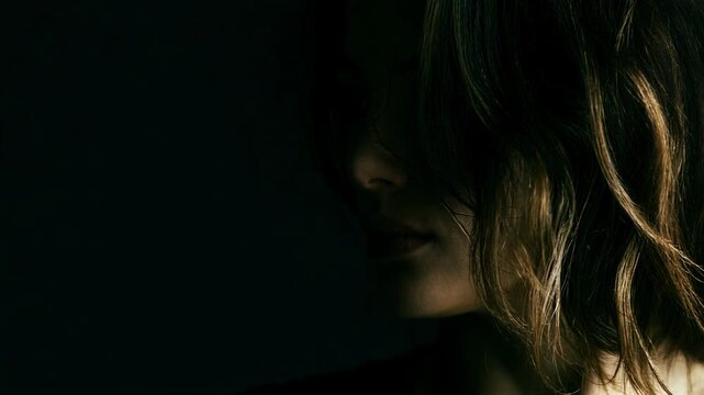 Woman with cracked face skin in dark. Distressed girl reflecting psychological trauma and mental disorder. Concept of broken personality and inner emotional pain.