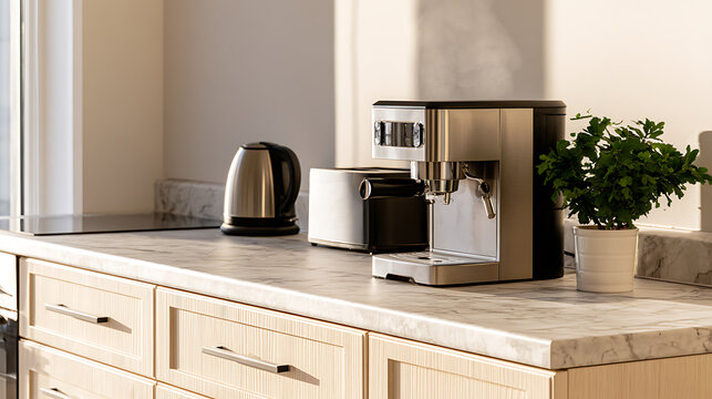 Modern kitchen counter with coffee machine, toaster, and kettle bathed in warm morning light, minimalist design, ready for breakfast prep