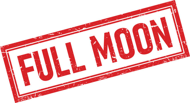 Red rectangular rubber stamp with the word full moon in a distressed vintage ink texture style
