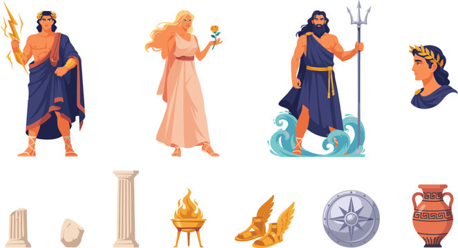Greek Mythology Character and Element Set with Zeus Aphrodite Poseidon Columns Amphora Shield and Winged Sandals Vector Illustrations for History Designs