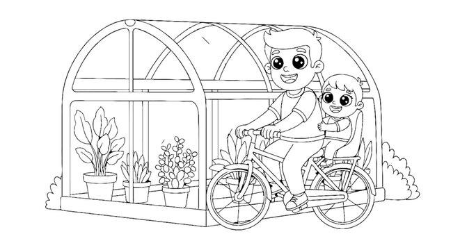 Cute cartoon aliens riding bicycle near greenhouse.
