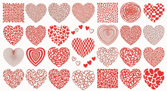 Comprehensive set of diverse red heart icons and shapes featuring organic and geometric patterns like checkers, concentric lines, hand-drawn scribbles, leopard print, and swirls on white.