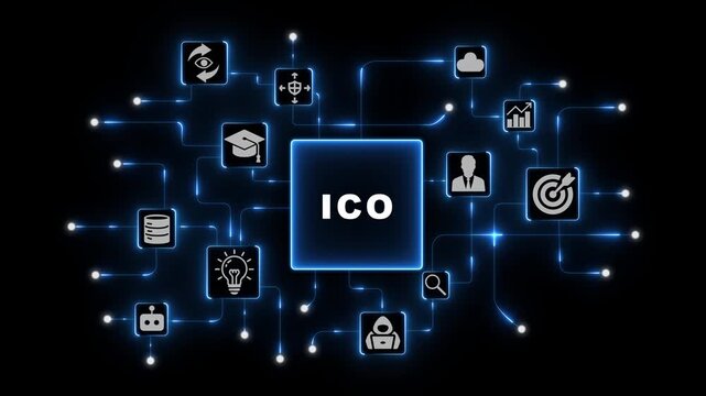 ICO Investment Concept with Connected Financial Icons in Blue Neon Digital Network on Dark Futuristic Technology Background