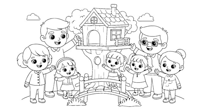 Group of children playing near a treehouse illustration.