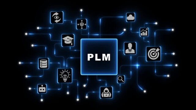 PLM Enterprise Systems with Connected Business Icons in Blue Neon Digital Network on Dark Corporate Technology Background