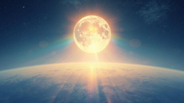 月暈の光と地球を見下ろす満月
