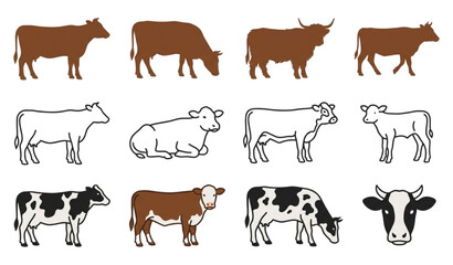 Fototapeta premium Brown Cow Animal Silhouette Icon Set Vector Collection