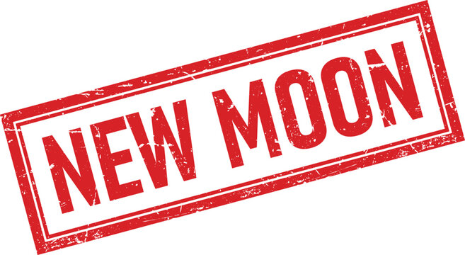Vintage red rectangular rubber stamp impression displaying the text new moon with distressed grunge texture