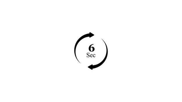 Minimalist black circular arrow loading icon with 6 seconds timer text, continuous countdown or refresh loop symbol for web and app user interface, motion graphic on white background.4K Stock Video