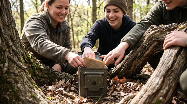 Happy family searching for a geocache container hidden in the forest during an outdoor adventure.