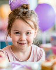 Fototapeta premium Young girl smiling at a colorful birthday party with balloons in the background, creating a joyful and festive atmosphere.