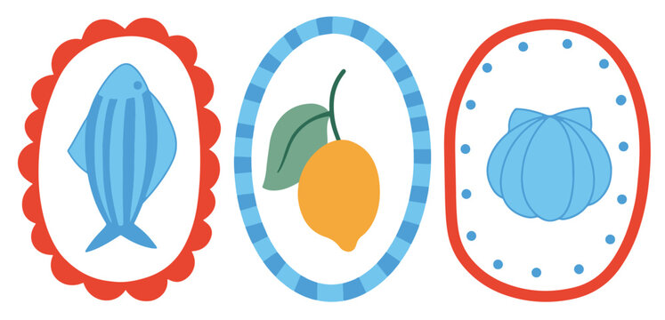 set of whimsical frames with Mediterranean elements. vector illustration