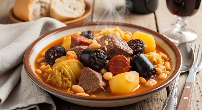 Hearty Meat and Bean Stew Served in Rustic Bowl on Wooden Table