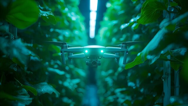 Autonomous agricultural drone flying through smart vertical farm corridor for crop health monitoring