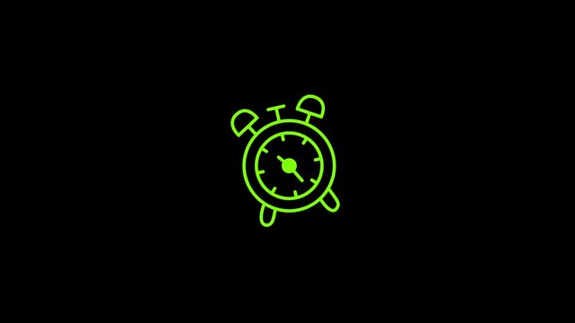 Green neon alarm clock icon animation with spinning hands on black background