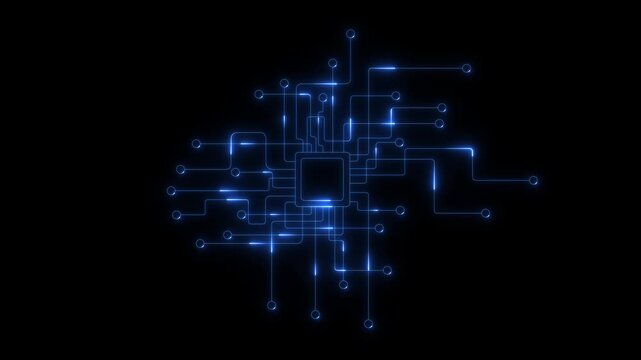 Artificial intelligence Data Transfer electronic board. Glowing Technology Abstract Animation Digital Circuit Board Glowing Lines Nodes Network.