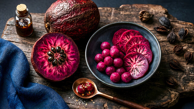 Sliced exotic purple star apple fruit on rustic wooden table