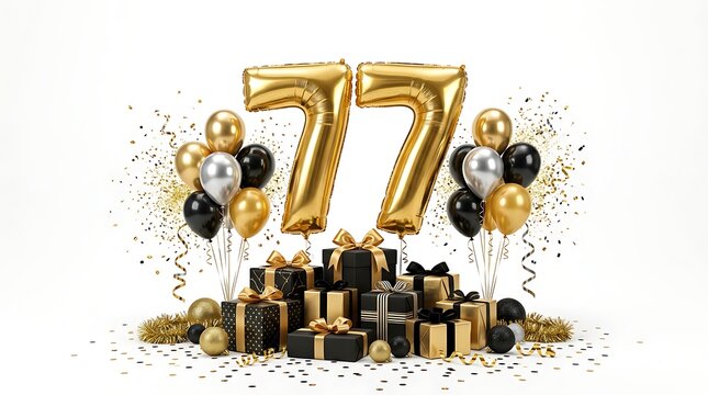 77th birthday celebration with gold balloons and gift boxes