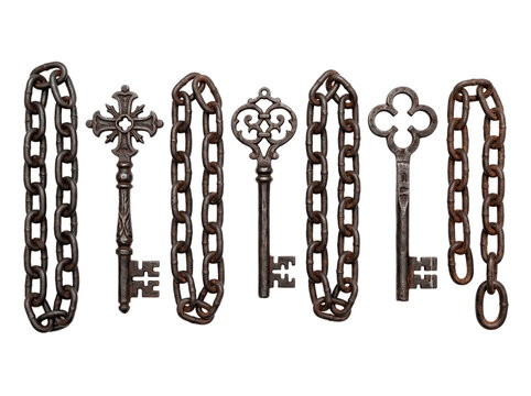 Collection of antique rusty metal keys and chains with ornate designs for Halloween or gothic themes PNG Isolated on transparent background