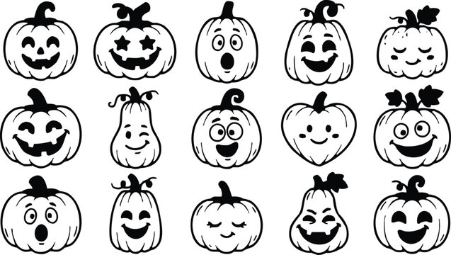 Collection of orange halloween pumpkins with funny faces halloween celebration