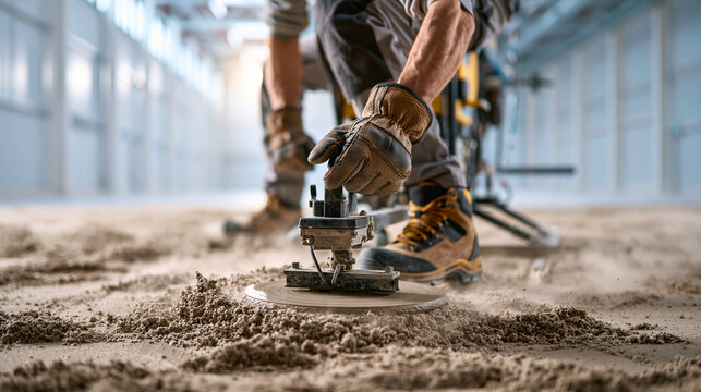 Ultra-realistic commercial shot, capturing the unique texture of a freshly finished semi-dry floor screed. A technician wearing safety boots and thick protective leather work glove