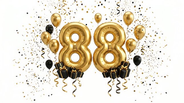 Golden 88th birthday celebration with balloons and gifts