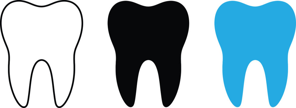 Tooth icon set with solid black outline and blue color human dental health care clinic symbol collection