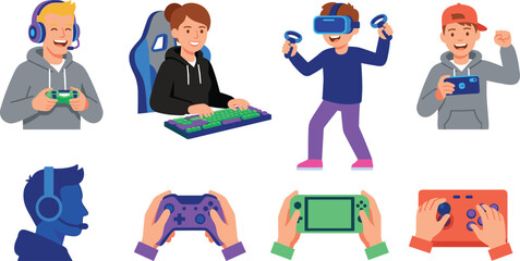 Gaming Icon Vector Illustration Featuring Console Controller, PC Setup, Virtual Reality Headset, Handheld Device © Abdur