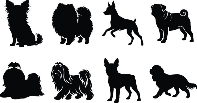 Black dog silhouette collection featuring multiple poses breed variations canine vector design resources