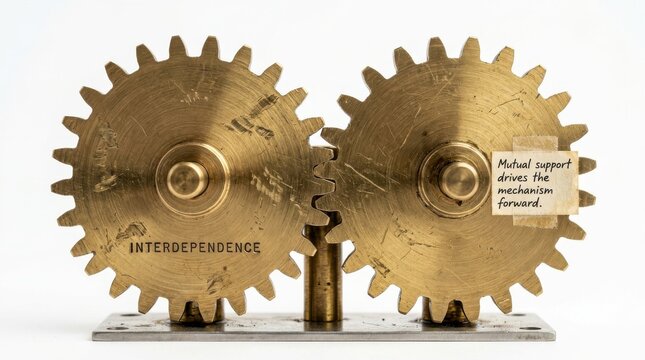 Two golden gears with interdependence text interlocked
