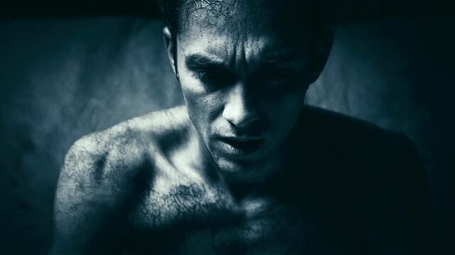 Man experiencing mental breakdown and inner pain. Depressed male holding head with cracked skin texture. Concept of emotional crisis, burnout and psychological trauma.