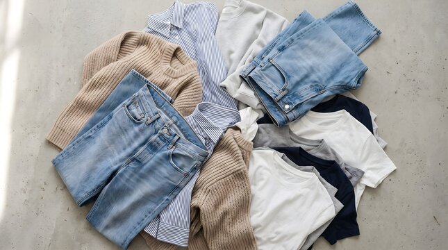 Flat lay of folded denim jeans knit sweaters and basic cotton t shirts organized on a concrete floor surface modern minimalist aesthetic concept
