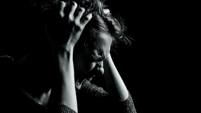 Distressed woman screaming in pain and mental anguish. Desperate girl holding head during nervous breakdown. Psychological trauma and inner conflict emotional state.