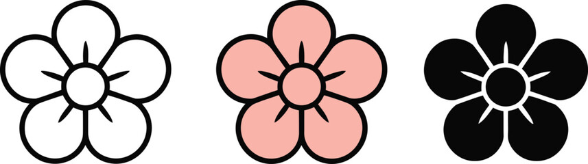 Cherry blossom flower icon set with solid black outline and pink plum sakura blossom spring symbol collection © Rezia