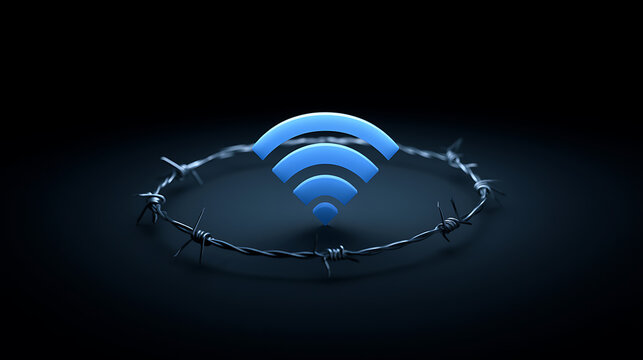 Restricted Wireless Connection: A Blue Wi-Fi Symbol Encircles Barbed Wire on a Dark Surface, Illustrating Limited Access or Censorship