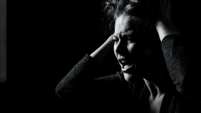 Stressed woman screaming and holding head in mental agony. Depressive episode and emotional breakdown of female. Psychology, crisis and nervous disorder concept.