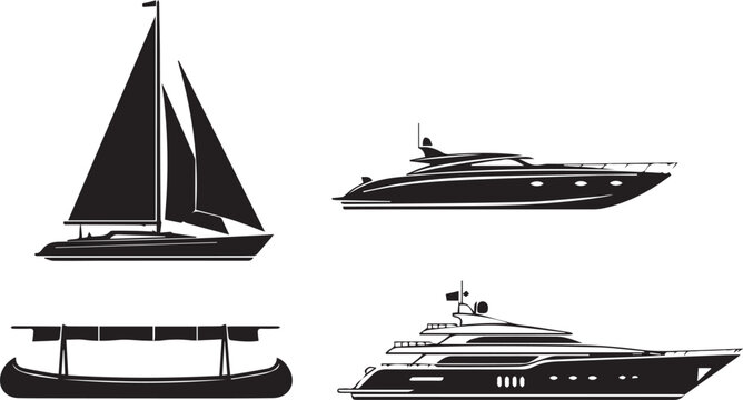 Black and white of sailboats, yachts, and ships with detailed rigging mast