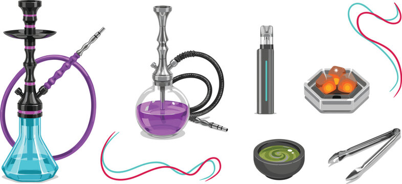 Modern Hookah and Vape Vector Element Set Featuring Electronic Cigarette Shisha Water Pipes Glowing Charcoal Tongs and Smoke Swirls