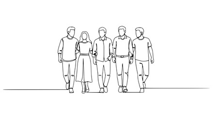 Fototapeta premium Continuous Line Drawing of Diverse Group Walking Together, Minimalist Art Style