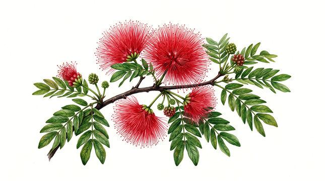 Watercolor Pink Powder Puff Flower Branch Calliandra Botanical Illustration on White Background