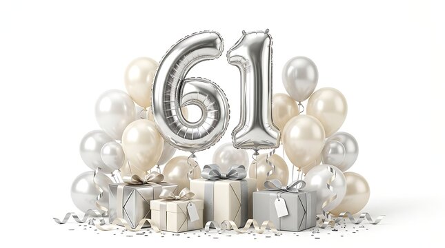 61st birthday celebration with silver balloons and gift boxes