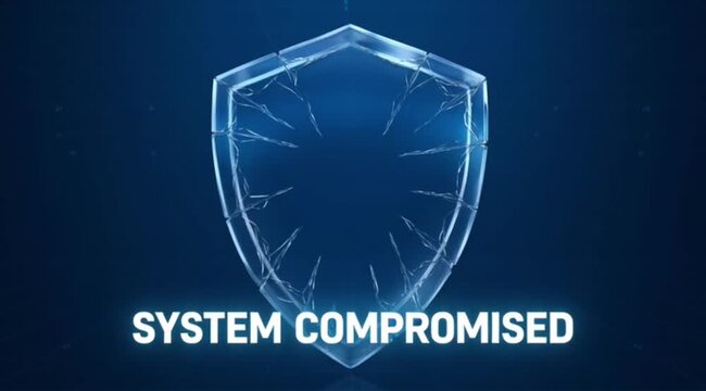 Cracked digital shield icon warning of a system compromise in this dark blue motion graphic clip