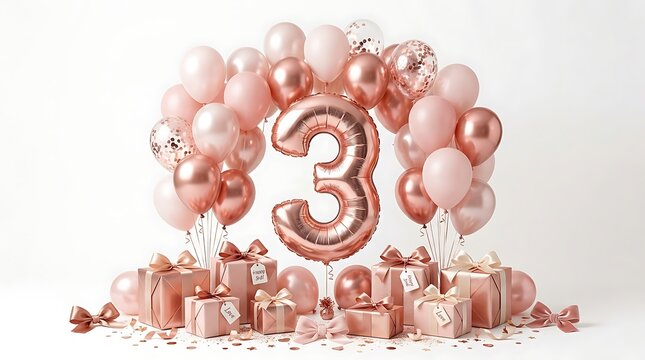 Third birthday celebration with rose gold balloons and gift presents