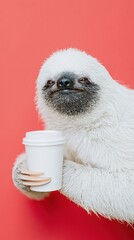 Fototapeta premium Sloth holding coffee cup against red backdrop studio portrait