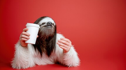 Fototapeta premium Sloth holding takeaway cup against red studio background