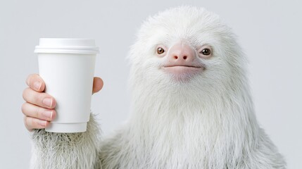 Fototapeta premium Albino sloth holding disposable cup in studio setting
