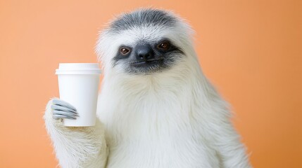 Fototapeta premium Sloth holding coffee cup against peach background