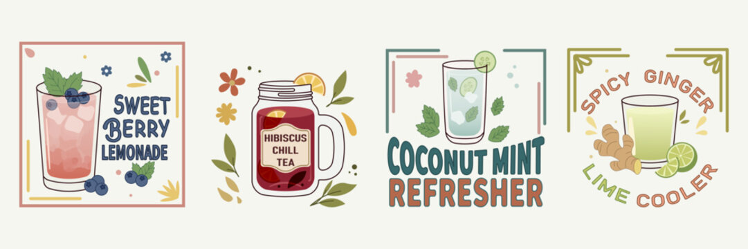 Summer mocktails vector elements set, retro non alcoholic drinks pack with typography on isolated background, cafe menu graphics