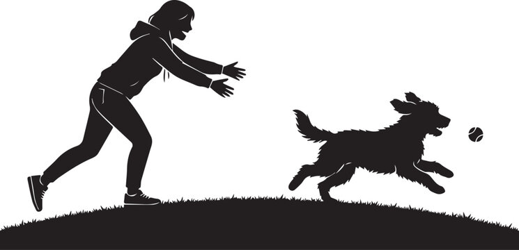 Black silhouette of a person running with a dog, vector-style